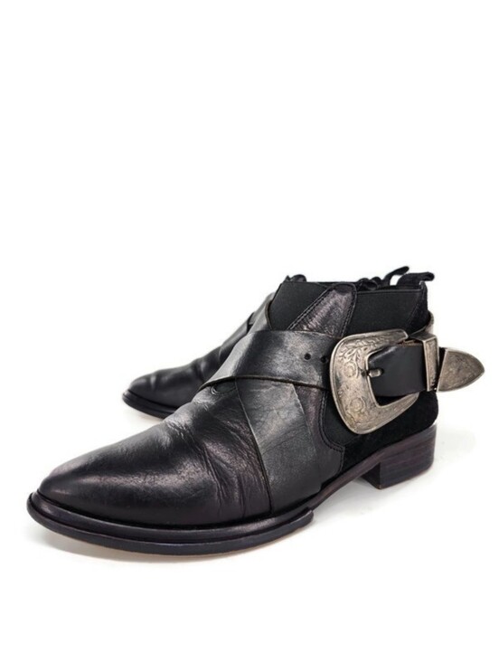 Free People Shoes - Free People Maverick Chelsea Black Leather Suede Silver Western Buckle Shooties